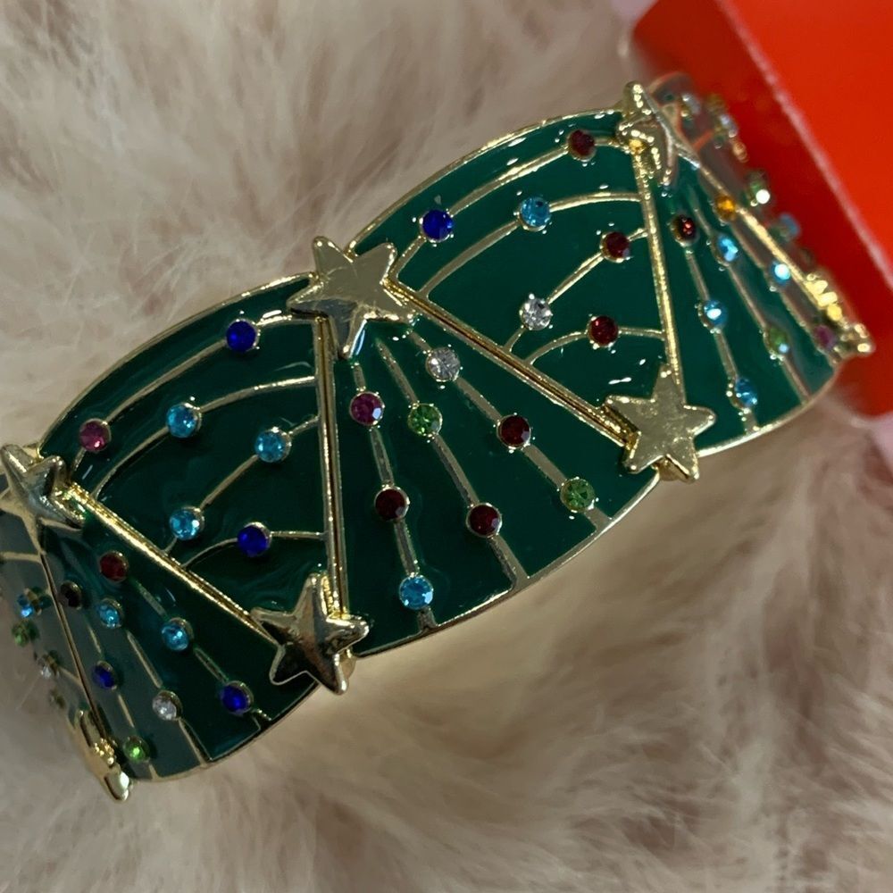 Bracelet Gold and Green Enamel Christmas Tree Star Bracelet with Multicolor Gems